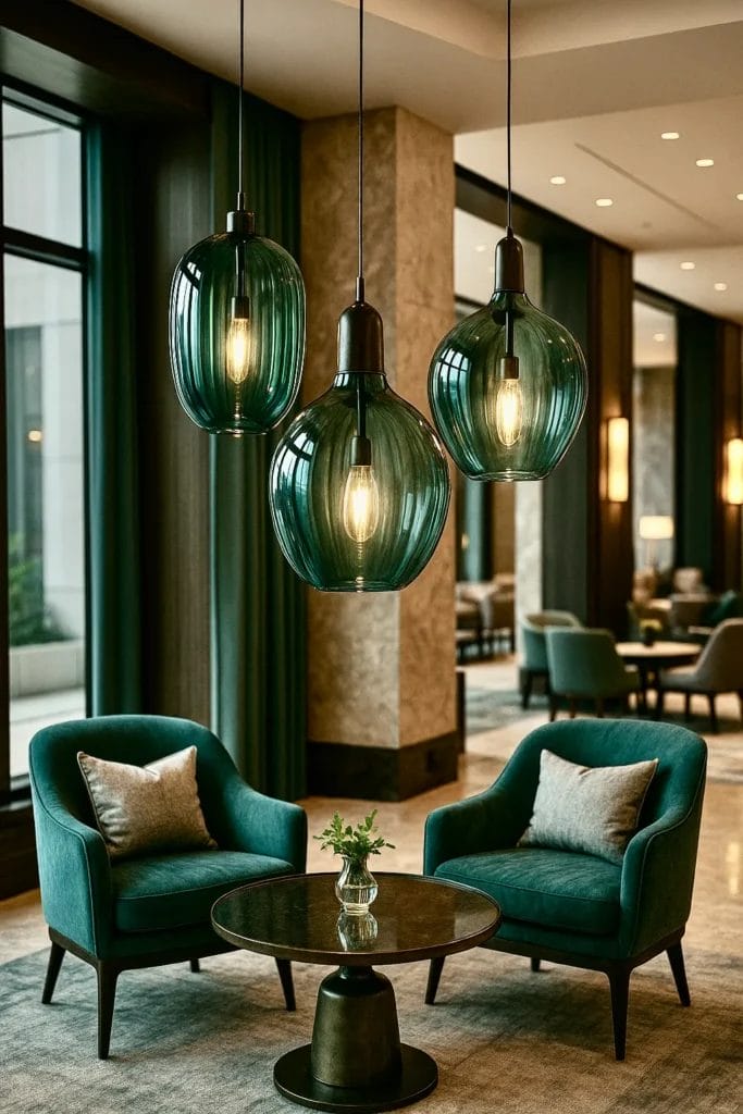Bespoke glass pendant lighting illuminating a refined hotel lounge in teal tones.