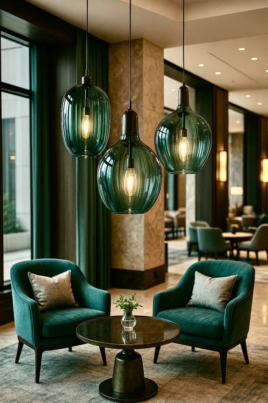 Bespoke glass pendant lighting illuminating a refined hotel lounge in teal tones.