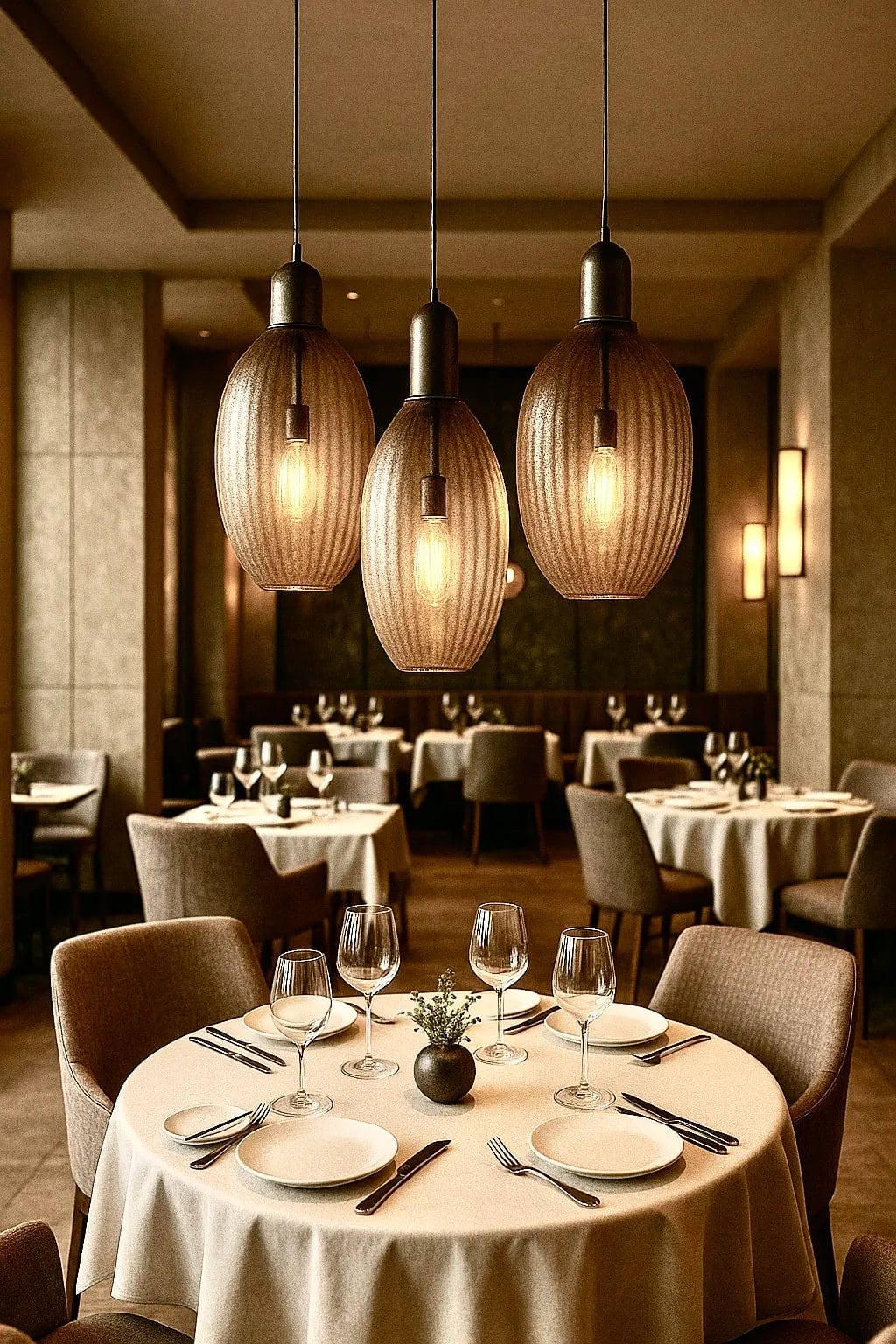 Sculptural ribbed glass lighting creates warmth and intimacy in a luxury dining setting.