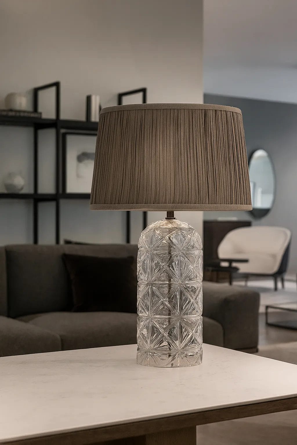 The Mink table lamp — timeless geometry meets handcrafted glass detail.